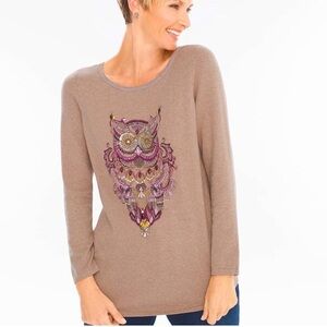 Chico’s Zenergy Cashmere Blend Owl Beaded Embellished Long Sleeve Casual Sweater